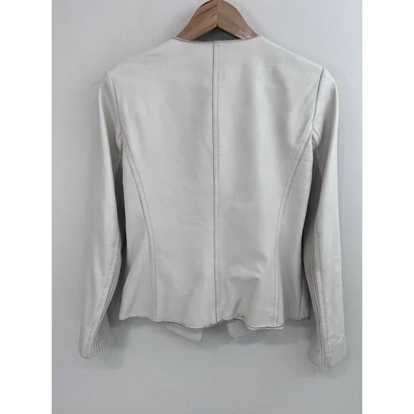 Vince Lamb Leather Zip Collarless Jacket Mix Knit Sleeve Ivory/White Cream Sz 6